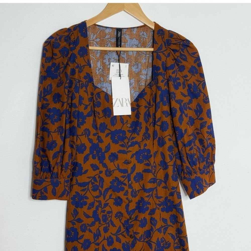 NWT Zara Dress Midi Length Button Front Convertible Duster Dress Brown Blue XS - Picture 5 of 16